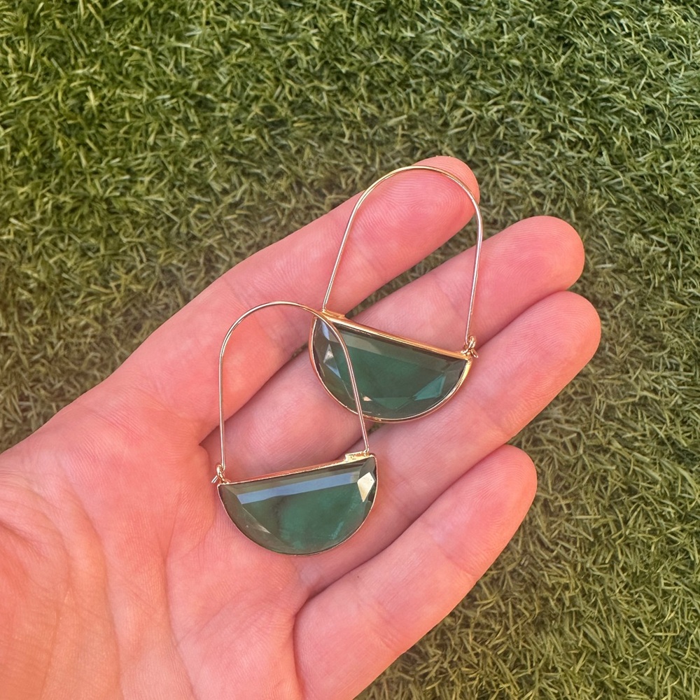 Crescent Gold and Green Glass Hoop Earrings - Picture 3 of 4